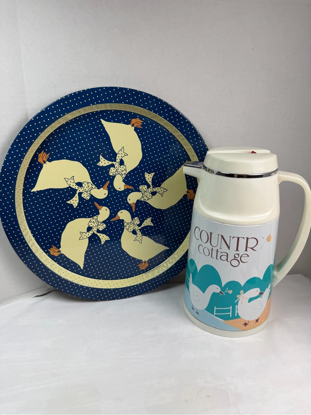 Vintage Country Cottage Goose Thermos carafe  and Decorative Goose Tray